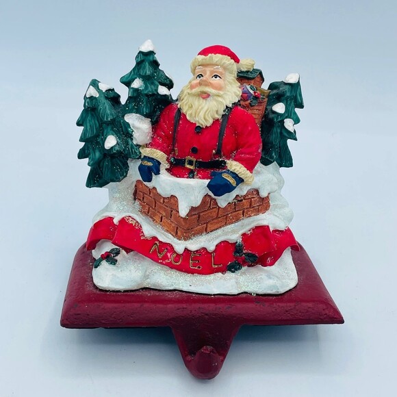 Vintage Santa Claus in Chimney Cast Iron Stocking Holder Mantle Table Top NOEL - Picture 1 of 6
